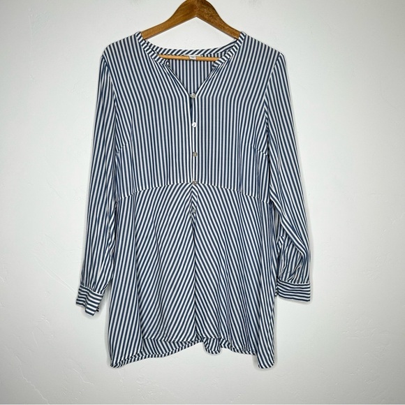 J Jill Blue White Striped Button Down Shirt Roll Tab Sleeves Size Medium Office - Picture 2 of 13